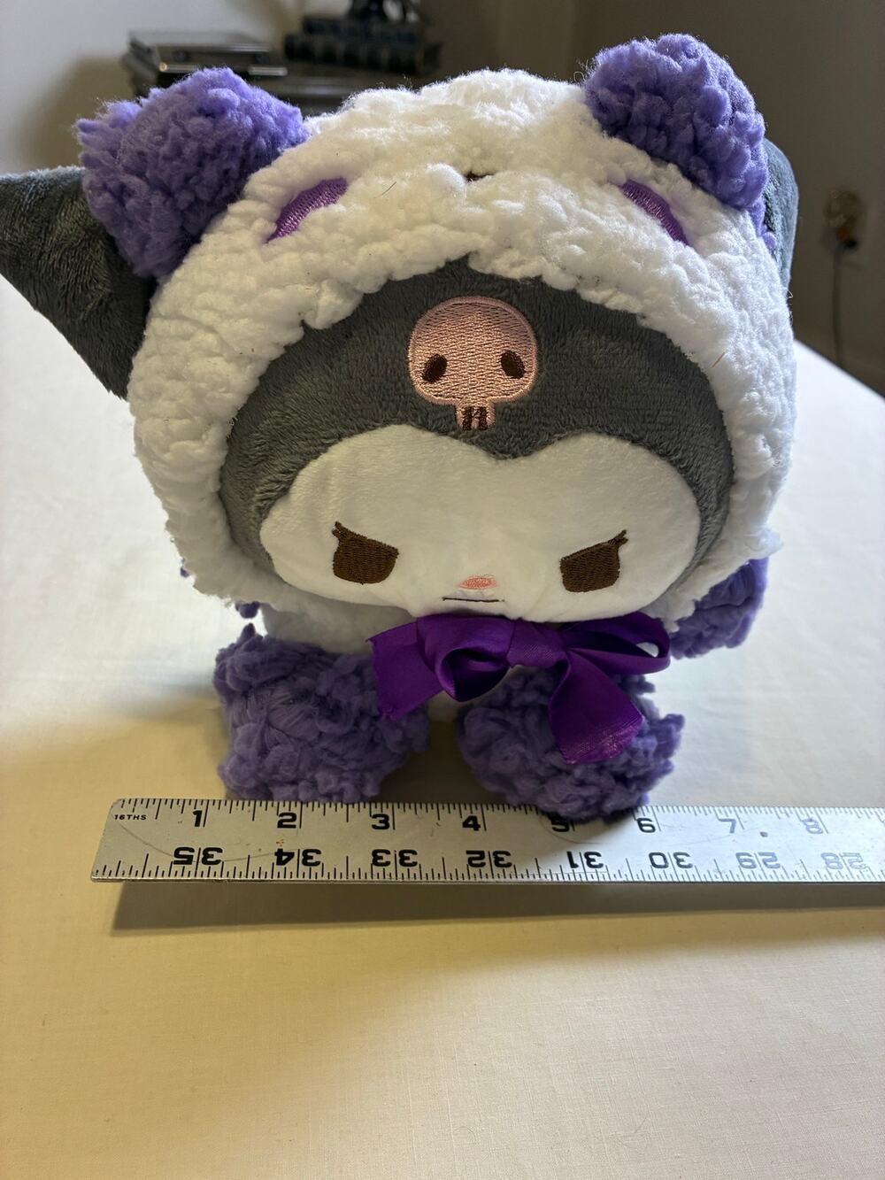Sanrio Kuromi Plush Purple White Sherpa Costume Bow Kawaii Stuffed Animal 7"